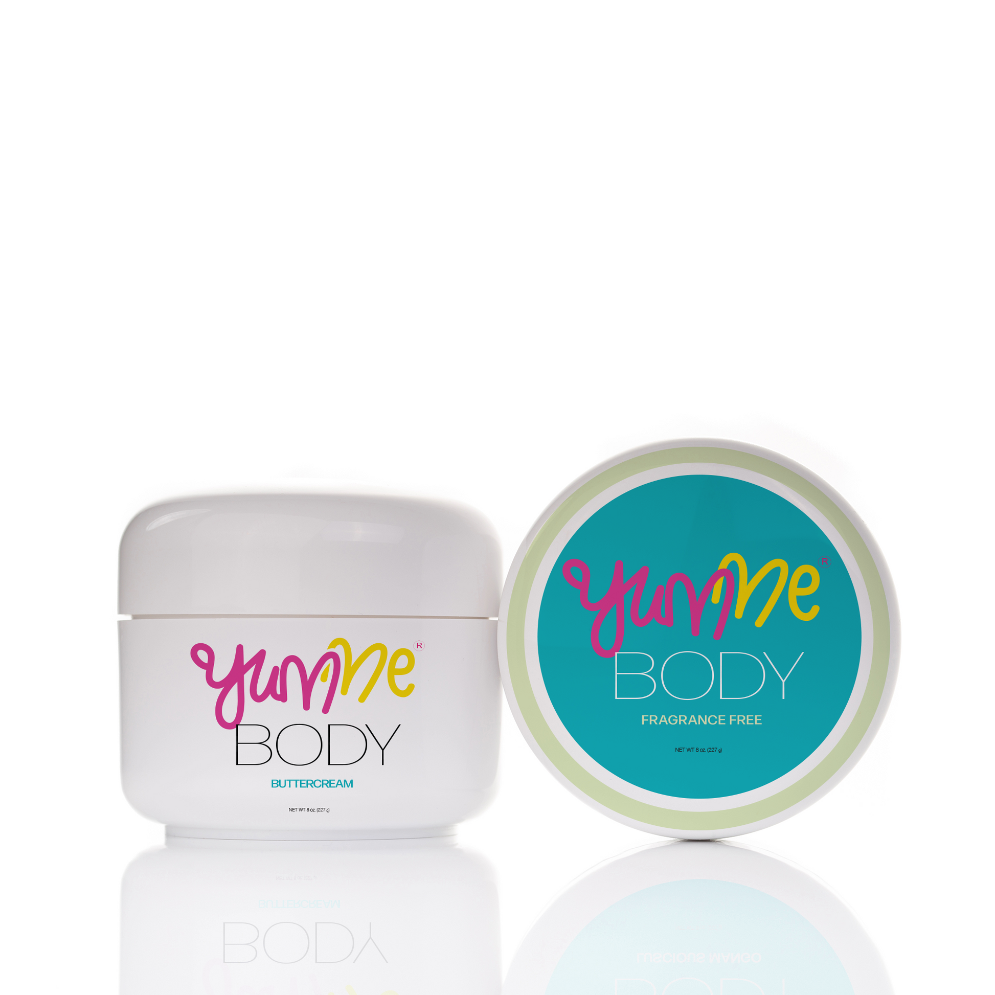 Product graphic of 'Fragrance Free'  body butter in a white container with YumMe Body Buttercream logo on the front and the on the top of the container